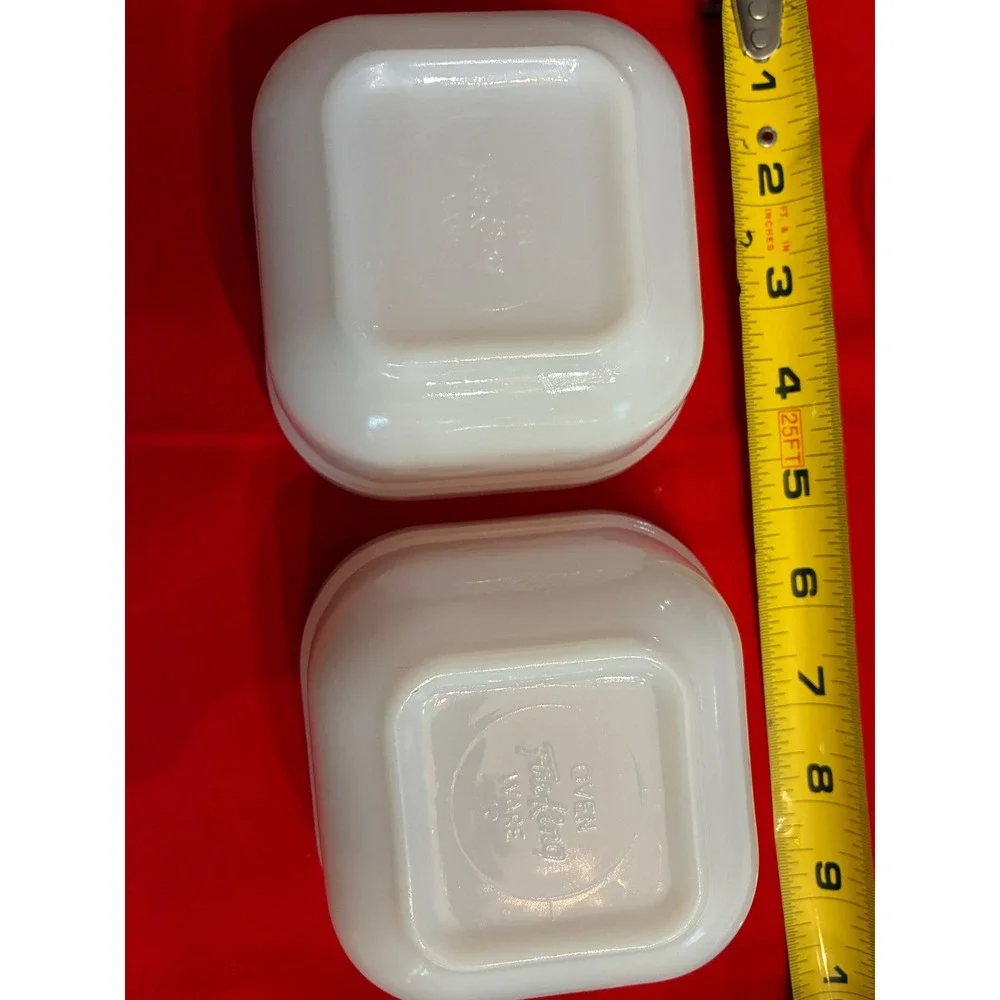 Vintage Fire-King Milk Glass Refrigerator Dish Set White Square 2 Bowls 1 Lid